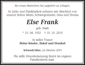 Traueranzeige von Else Frank von Märkische Oderzeitung