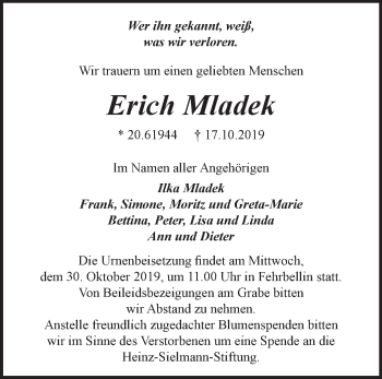 Traueranzeige von Erich Mladek von Märkische Oderzeitung