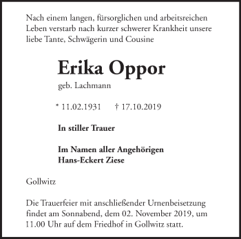 Traueranzeige von Erika Oppor von Märkische Oderzeitung