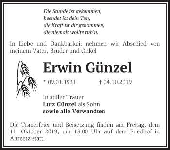 Traueranzeige von Erwin Günzel von Märkische Oderzeitung