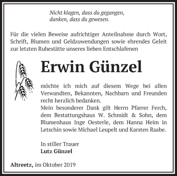 Traueranzeige von Erwin Günzel von Märkische Oderzeitung