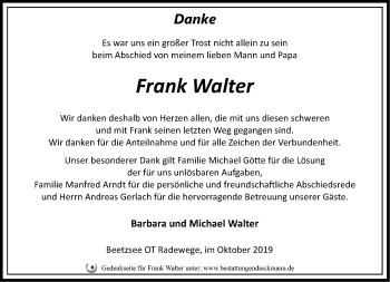 Traueranzeige von Frank Walter von Märkische Oderzeitung