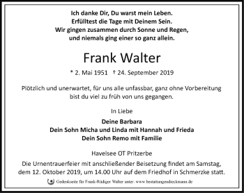 Traueranzeige von Frank Walter von Märkische Oderzeitung