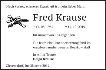 Traueranzeige von Fred Krause von Märkische Oderzeitung