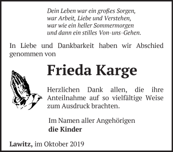 Traueranzeige von Frieda Karge von Märkische Oderzeitung