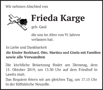 Traueranzeige von Frieda Karge von Märkische Oderzeitung