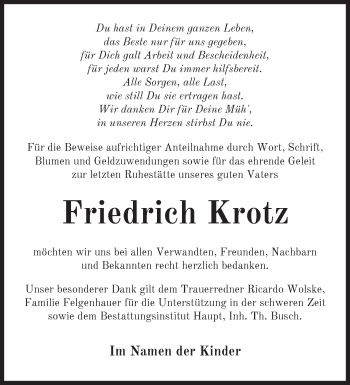 Traueranzeige von Friedrich Krotz von Märkische Oderzeitung