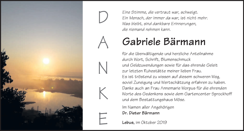 Traueranzeige für Gabriele Bärmann vom 26.10.2019 aus Märkische Oderzeitung