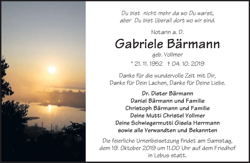  Traueranzeige für Gabriele Bärmann vom 12.10.2019 aus Märkische Oderzeitung