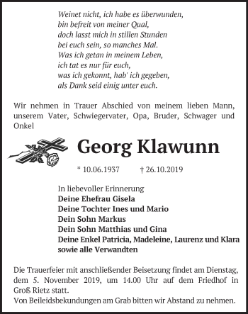 Traueranzeige von Georg Klawunn von Märkische Oderzeitung