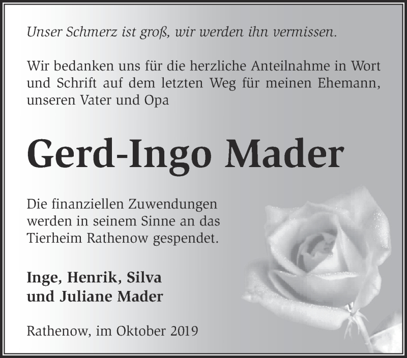  Traueranzeige für Gerd-Ingo Mader vom 06.10.2019 aus Märkische Oderzeitung