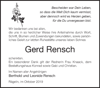 Traueranzeige von Gerd Rensch von Märkische Oderzeitung