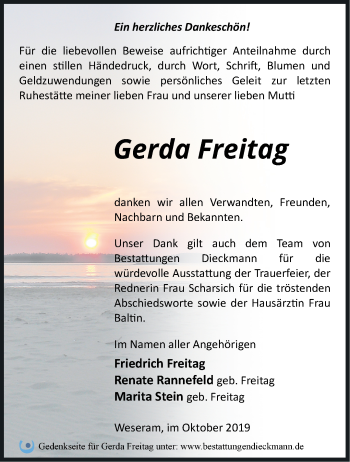 Traueranzeige von Gerda Freitag von Märkische Oderzeitung