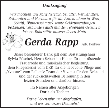 Traueranzeige von Gerda Rapp von Märkische Oderzeitung