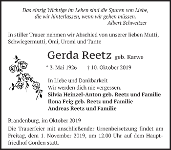 Traueranzeige von Gerda Reetz von Märkische Oderzeitung