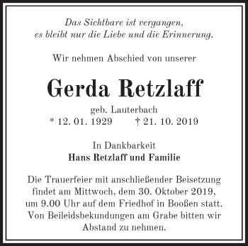 Traueranzeige von Gerda Retzlaff von Märkische Oderzeitung