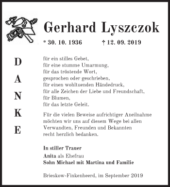 Traueranzeige von Gerhard Lyszczok von Märkische Oderzeitung