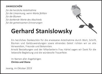 Traueranzeige von Gerhard Stanislowsky von Märkische Oderzeitung