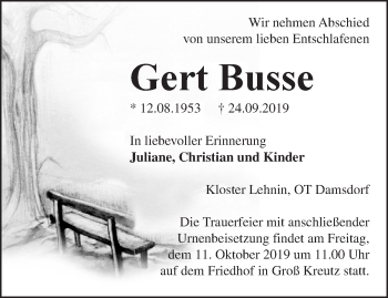 Traueranzeige von Gert Busse von Märkische Oderzeitung