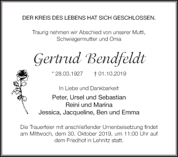 Traueranzeige von Gertrud Bendfeldt von Märkische Oderzeitung