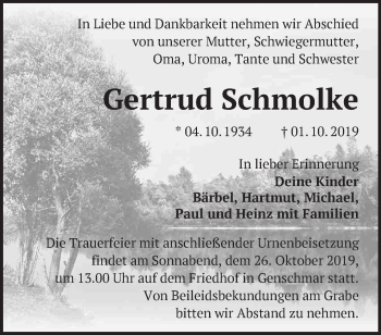 Traueranzeige von Gertrud Schmolke von Märkische Oderzeitung