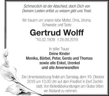 Traueranzeige von Gertrud Wolff von Märkische Oderzeitung