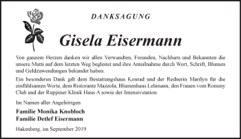 Traueranzeige von Gisela Eisermann von Märkische Oderzeitung