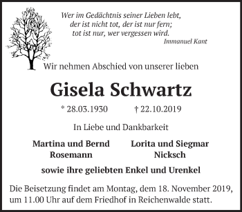 Traueranzeige von Gisela Schwartz von Märkische Oderzeitung