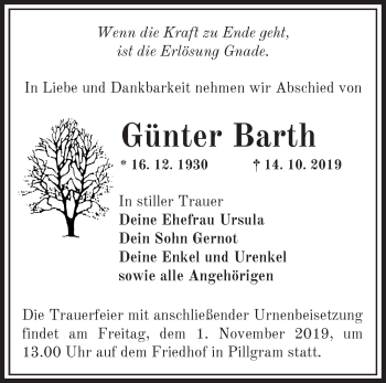 Traueranzeige von Günter Barth von Märkische Oderzeitung