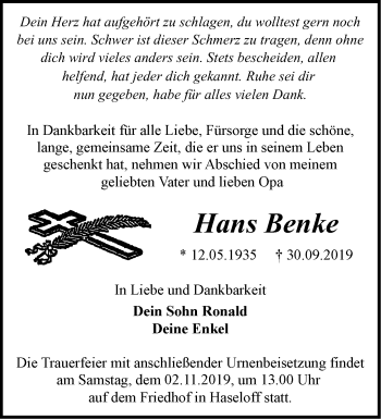 Traueranzeige von Hans Benke von Märkische Oderzeitung