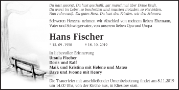 Traueranzeige von Hans Fischer von Märkische Oderzeitung