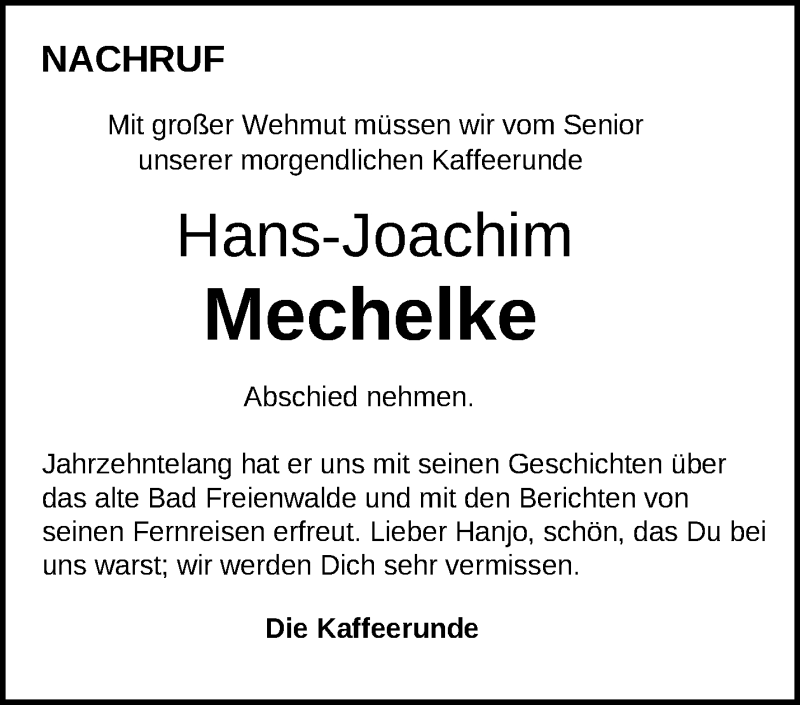  Traueranzeige für Hans-Joachim Mechelke vom 16.10.2019 aus Märkische Oderzeitung