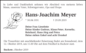 Traueranzeige von Hans-Joachim Meyer von Märkische Oderzeitung