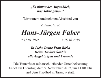 Traueranzeige von Hans-Jürgen Faber von Märkische Oderzeitung