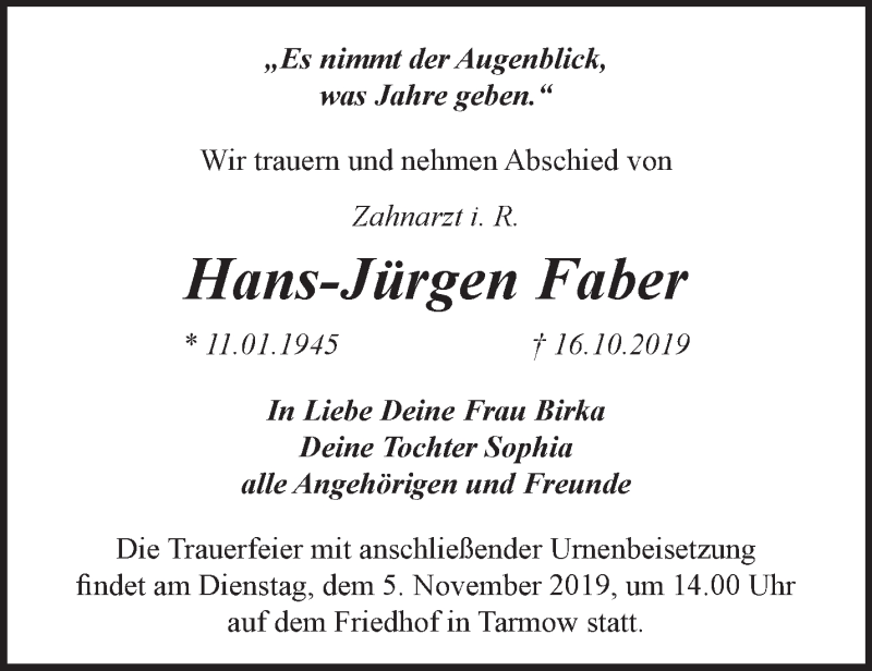  Traueranzeige für Hans-Jürgen Faber vom 26.10.2019 aus Märkische Oderzeitung