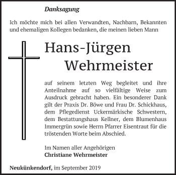 Traueranzeige von Hans-Jürgen Wehrmeister von Märkische Oderzeitung