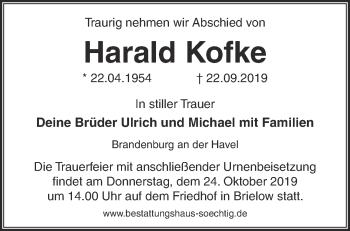 Traueranzeige von Harald Kofke von Märkische Oderzeitung