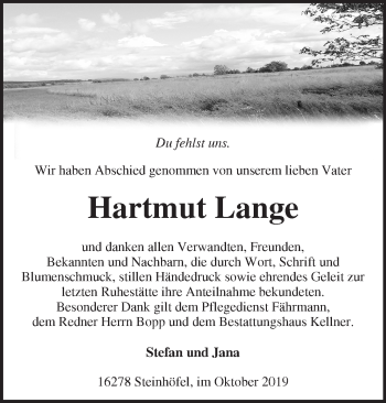 Traueranzeige von Hartmut Lange von Märkische Oderzeitung