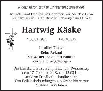 Traueranzeige von Hartwig Käske von Märkische Oderzeitung