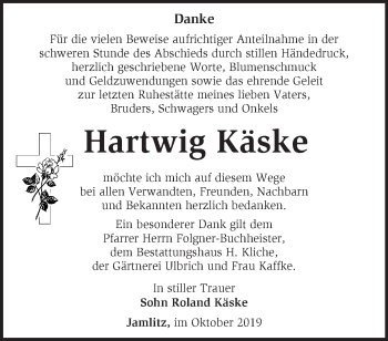 Traueranzeige von Hartwig Käske von Märkische Oderzeitung