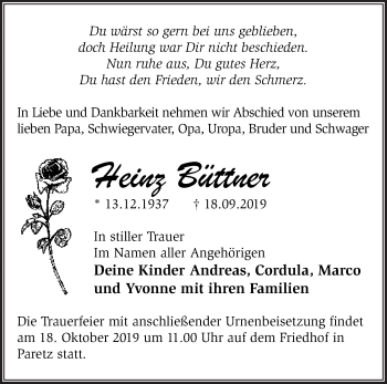 Traueranzeige von Heinz Büttner von Märkische Oderzeitung