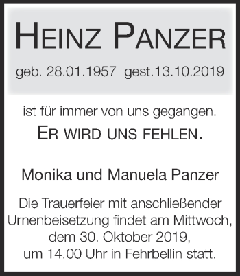 Traueranzeige von Heinz Panzer von Märkische Oderzeitung