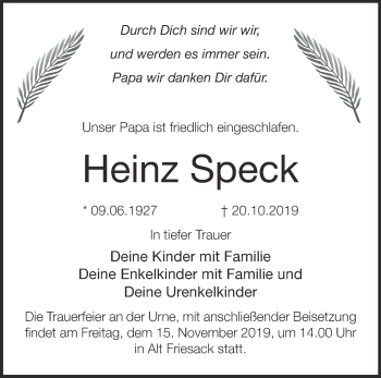 Traueranzeige von Heinz Speck von Märkische Oderzeitung