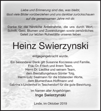 Traueranzeige von Heinz Swierzynski von Märkische Oderzeitung