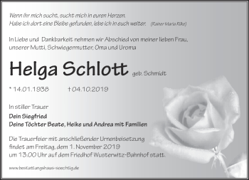 Traueranzeige von Helga Schlott von Märkische Oderzeitung