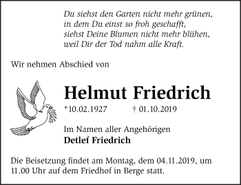 Traueranzeige von Helmut Friedrich von Märkische Oderzeitung