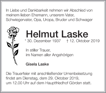 Traueranzeige von Helmut Laske von Märkische Oderzeitung