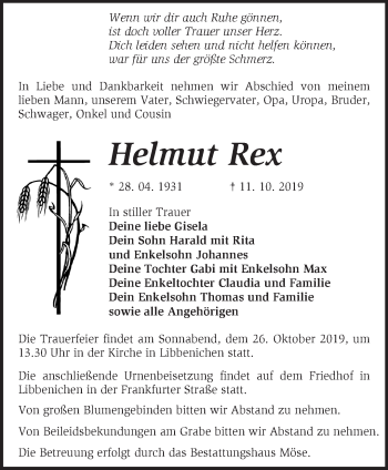 Traueranzeige von Helmut Rex von Märkische Oderzeitung