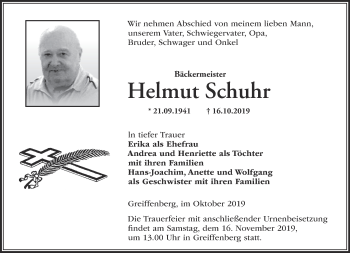 Traueranzeige von Helmut Schuhr von Märkische Oderzeitung