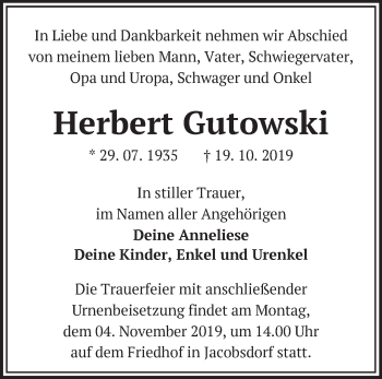 Traueranzeige von Herbert Gutowski von Märkische Oderzeitung